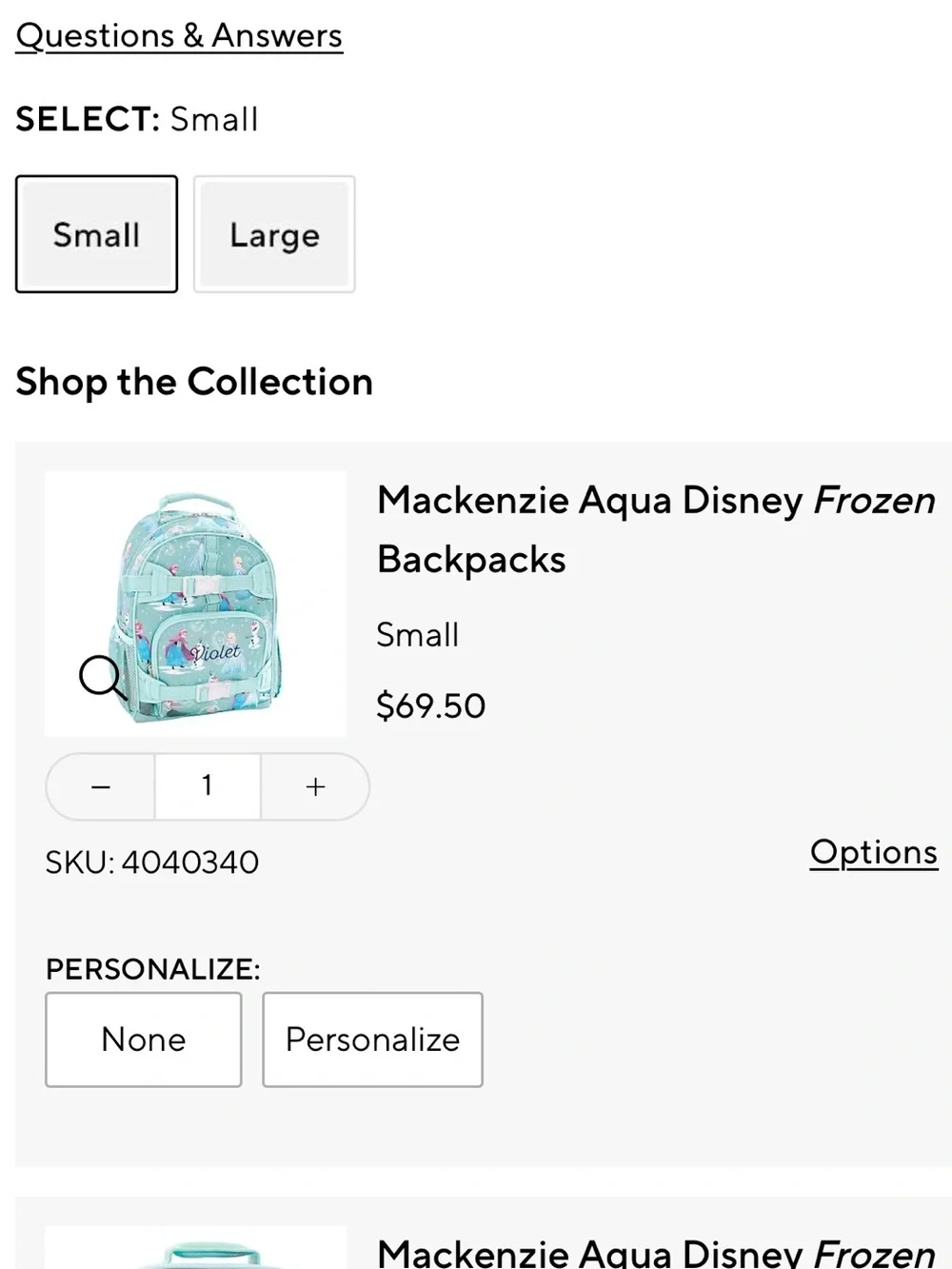 Pottery Barn Kids Mackenzie Aqua Disney Frozen backpack, size small - Picture 8 of 8